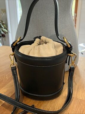 Zara Black Leather Bucket Bag with Cream Drawstring